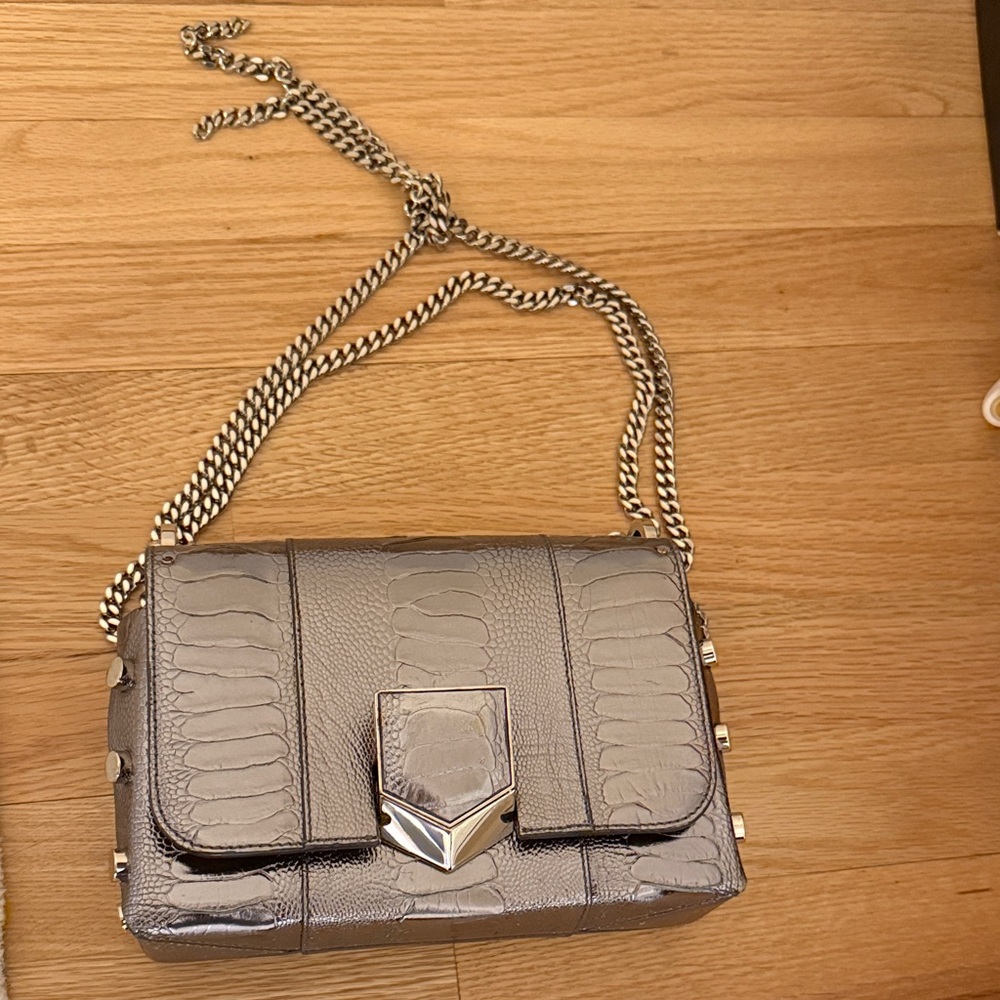 Silver Croc-Embossed Chain Shoulder Bag